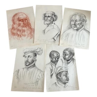 Mid 20th Century Old Master Artwork Drawings: Leonardo, Bruegel, Van Eyck, Clouet, Watteau (Set of 5) - Unknown Artist For Sale