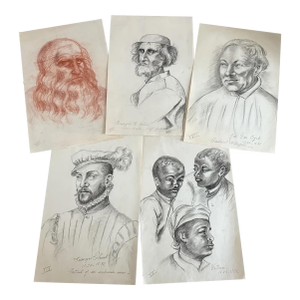 Mid 20th Century Old Master Artwork Drawings: Leonardo, Bruegel, Van Eyck, Clouet, Watteau (Set of 5) - Unknown Artist