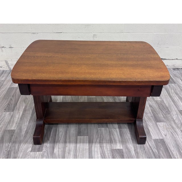Antique Mission Oak Trestle Pedestal Base Library Table Console Hall Table For Sale - Image 4 of 14