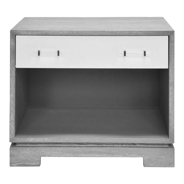 Matthew Izzo Home - Shane Gray Cerused Oak and Matte White Lacquer Side Table With Acrylic and Brass Draw Pulls For Sale