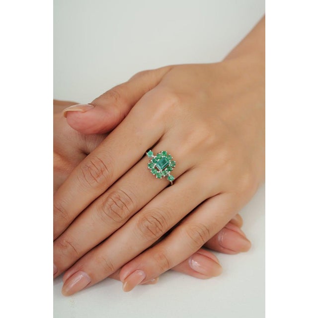 Not Yet Made - Made To Order Vintage Style Emerald and Diamond Cluster Ring in Silver, Size 8.5 For Sale - Image 5 of 14