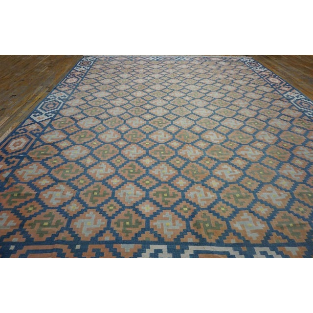 1930s Blue Orange Geometric Antique Indian Cotton Dhurrie Carpet Flatwoven Rug For Sale - Image 4 of 12