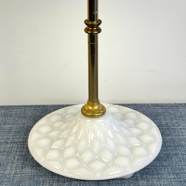 The perfect lamp to fit anywhere. Classic design with this vintage brass and milk glass mini lamp with a silk pleated clip...
