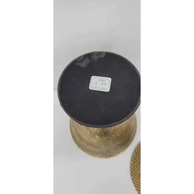 Hollywood Regency Vintage Ornate Brass Urn Pedestal Bowl Etched Design With Finial Lid For Sale - Image 3 of 9