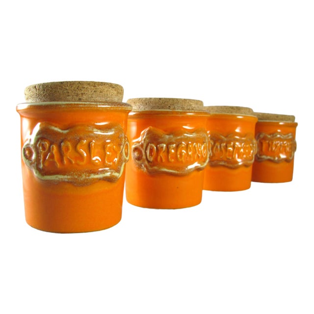 Ceramiche Alfa Italy Orange Spice Jars With Cork Stoppers - Set of 4 For Sale
