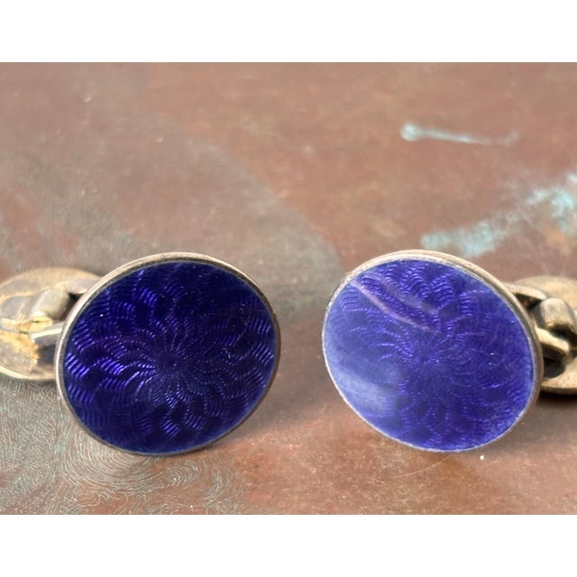 Art Deco Blue Guilloche Enamel and 925 Sterling Cufflinks by David-Andersen for Guttorm Kristiansen, Norway, 1930s, Set of 2 For Sale - Image 4 of 7