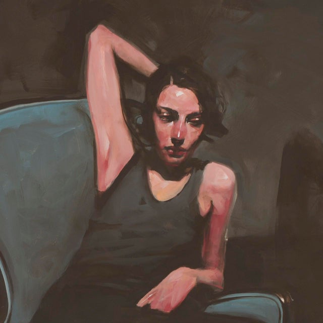 Italian Chair by Michael Carson | Oil on Panel Woman sitting in a blue chair on a patterned floor. For Sale - Image 4 of 5
