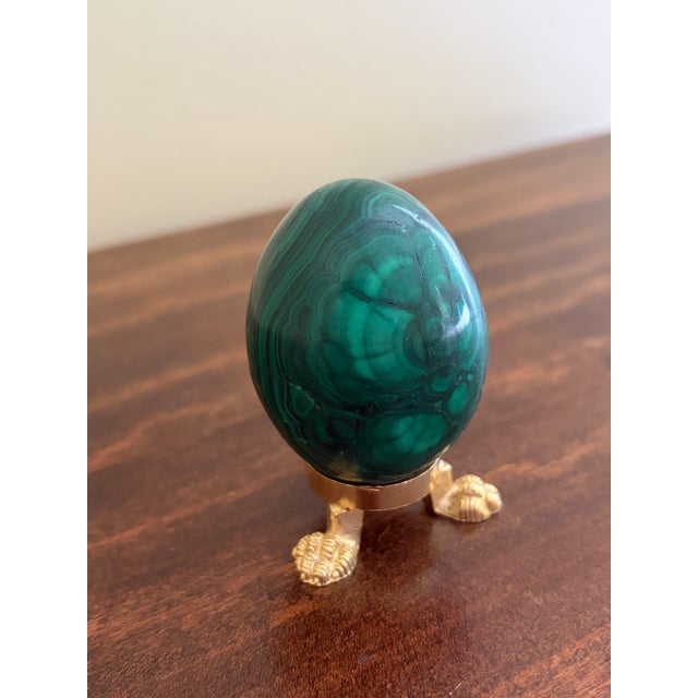 Contemporary Solid Malachite Egg on Neoclassical Brass Stand With Paw Feet For Sale - Image 3 of 8