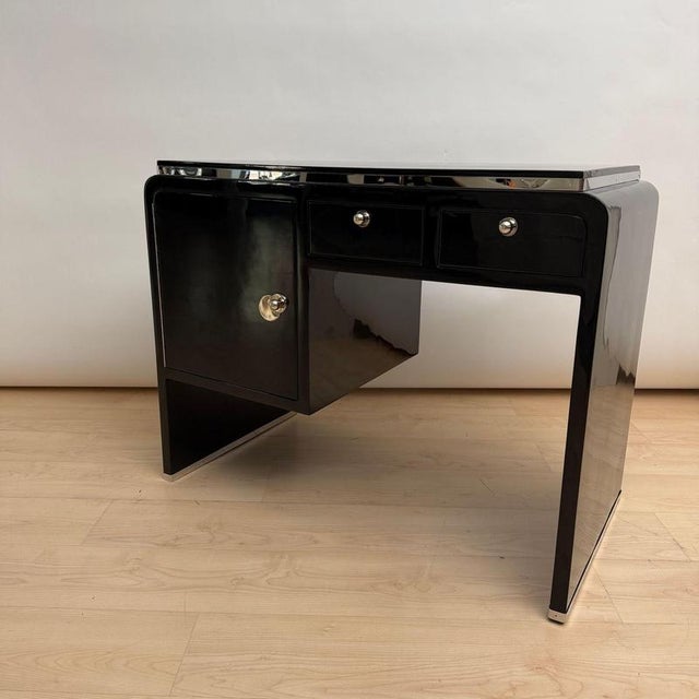 Small Art Deco Desk in Black Lacquer, Nickel, and Bird's Eye Maple, France, 1930s For Sale - Image 11 of 18