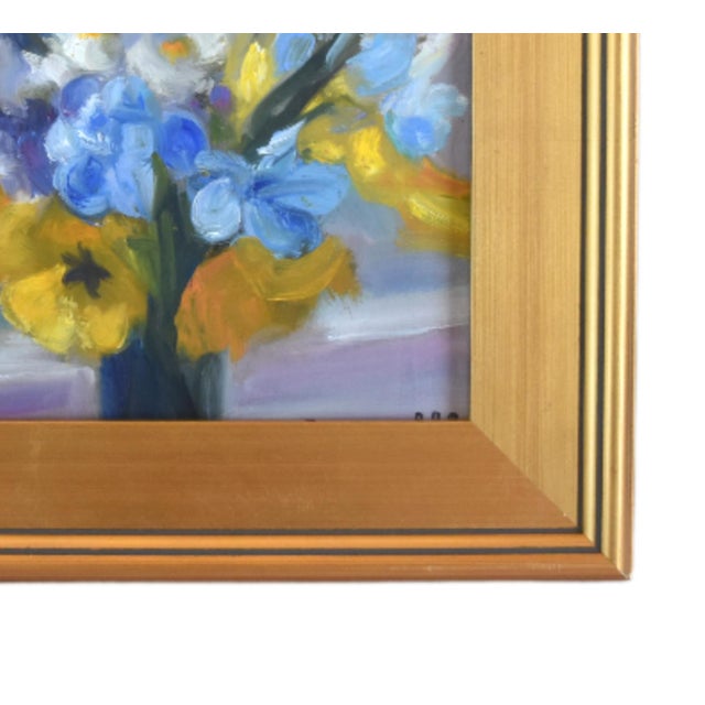 Contemporary original one-of-a-kind impressionist oil painting of a bouquet of flowers in a vase on the artist's canvas...