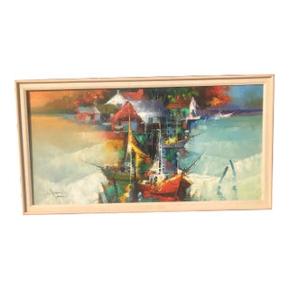 Mid-Century Modern Nautical Abstract Oil Painting With Sailboats, Framed For Sale