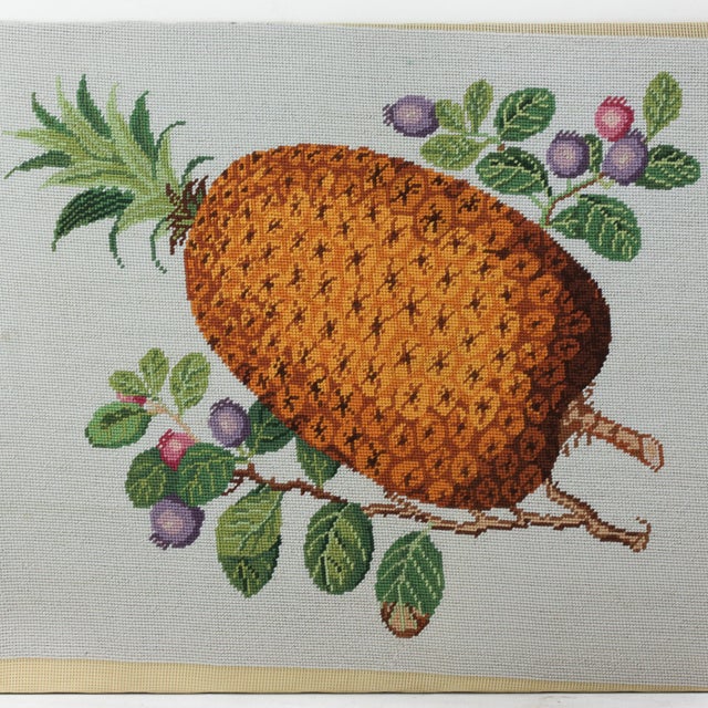 Rustic Vintage Needlework Botanical Still Life – Rustic Textile Wall Art With Pineapple and Berries For Sale - Image 3 of 7