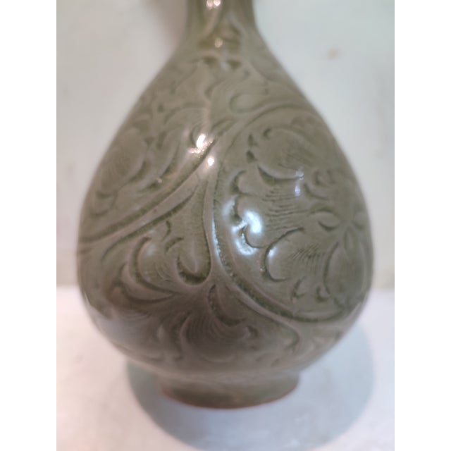 Early 20th Century Chinese Ceramic Vase Yaozhou Ware Celadon Yuhuchun Vase Hand Carved Flowers Pattern For Sale - Image 5 of 10