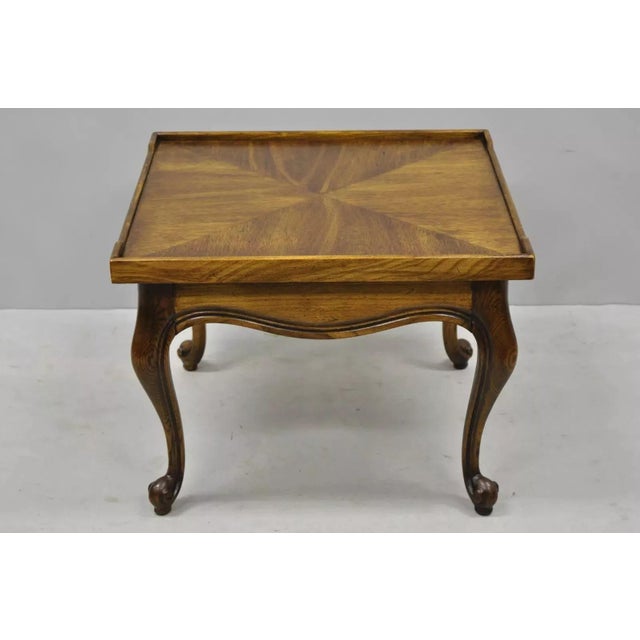 Vintage French Provincial Style Low Oak & Walnut Square Side Table. Item features wood construction, beautiful wood grain,...