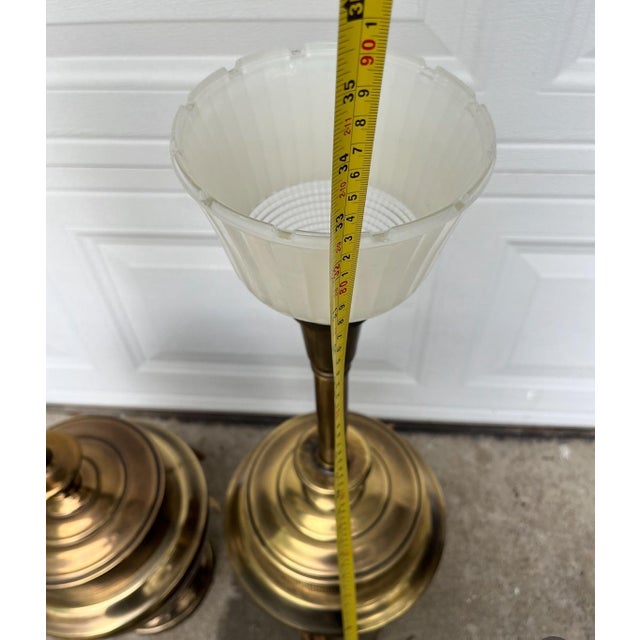 Pair of Vintage Brass Rembrandt Lamp Co Design Original Lamp Glass Shade Patina For Sale - Image 9 of 12