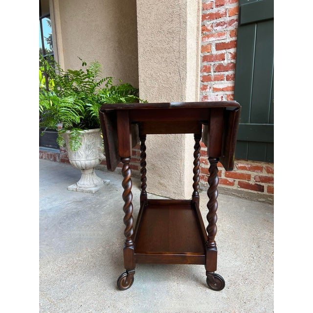 Antique English Tea Trolley Drinks Cart Barley Twist Dumbwaiter Drop Leaf Table For Sale In Dallas - Image 6 of 12