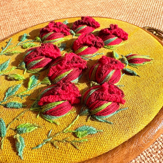 Framed 3d Stumpwork Textile Wall Art - Vintage Botanical Red Roses on Yellow For Sale - Image 14 of 16