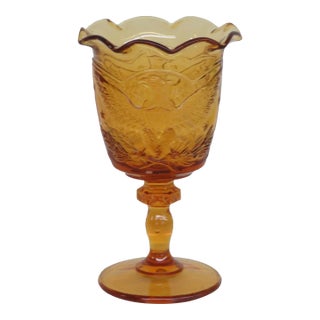 L E Smith Glass Heritage Eagle Shield Amber Pedestal Ruffle Compote Dish For Sale