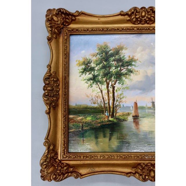 Vintage Dutch School Oil on Board, Canal Scene With Windmill — Ornate Gilt Frame For Sale - Image 4 of 6