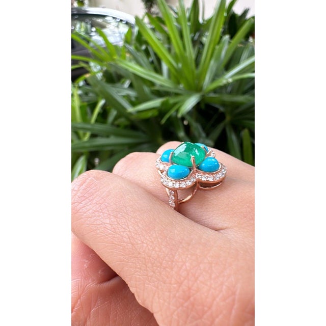 Metal Set in 18k Gold, Art Deco Emerald Sugarloaf, Turquoise & Diamond Engagement Ring, Us Size 6 For Sale - Image 7 of 16