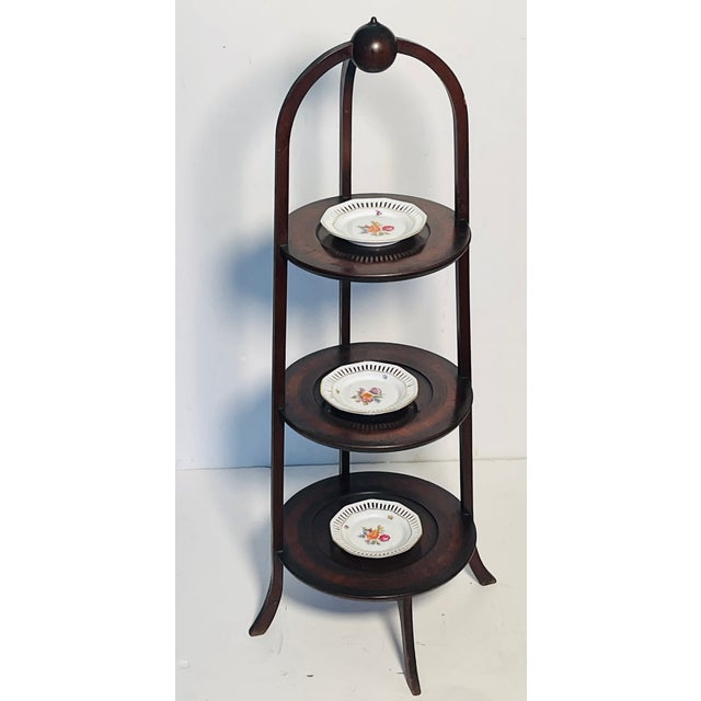 Elegant rare antique wood plate stand , 3 tiered with inlay.