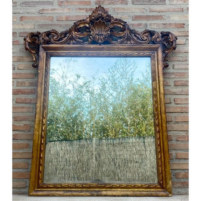 Early 20Th Century French Wood Wall Mirror.Antique French Hand Made Folk Art Gilt Mirror 1920