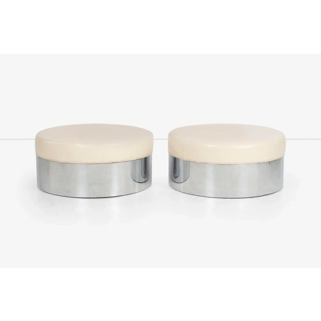 Pair of Pace Style Oversized Architectural Poufs, Wrapped Steel Shell Base with leather cushion top French stitched...