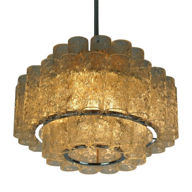 Mid-Century Ice Glass 3-Tier Chandelier with 45 Glass Tubes from Doria Leuchten, 1960s For Sale
