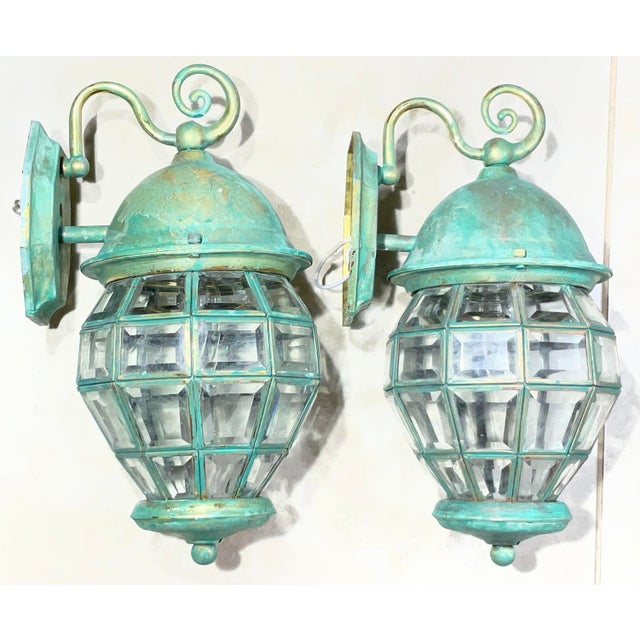 Funky Vintage Pair of Solid Brass Verdigris Wall Lanterns - 14”h X 7” W X 8”.5 D For Sale - Image 15 of 17