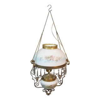 Antique Victorian Converted Hurricane Parlor Oil Lamp Pendant Light Chandelier For Sale