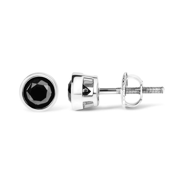 Contemporary .925 Sterling Silver 2.00 Cttw Round Brilliant-Cut Black Diamond Bezel-Set Stud Earrings with Screw Backs (Fancy Color-Enhanced, I2-I3 Clarity) For Sale - Image 3 of 5
