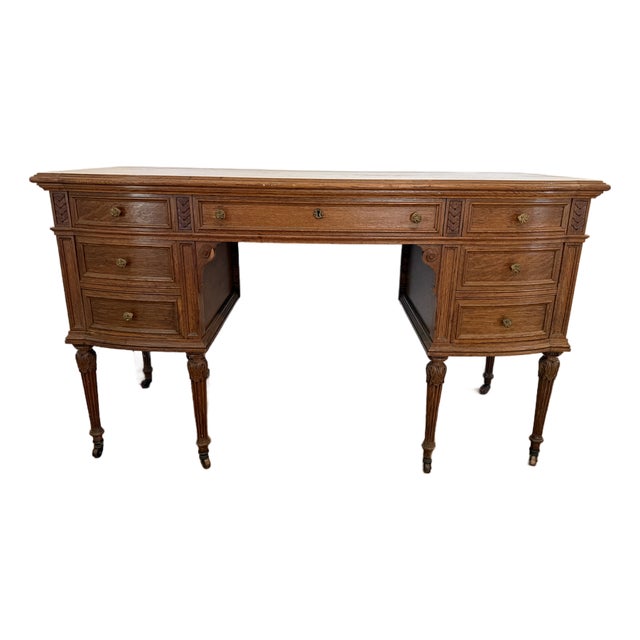 Vintage Edwardian-Style Oak Pedestal Desk With Casters For Sale