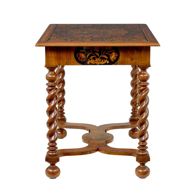 Baroque Antique Hand Carved Walnut Marquetry Table, 1865 For Sale - Image 3 of 11