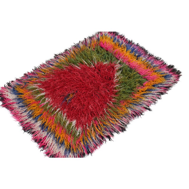 Tribal 1950s Vintage Tulu Rug in Red, Multicolor Geometric Pattern, Shag Pile For Sale - Image 3 of 7