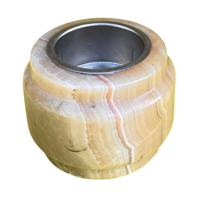 Small Alabaster Candlestick With Metal Fittings, Italy, 1970s. For Sale - Image 6 of 11