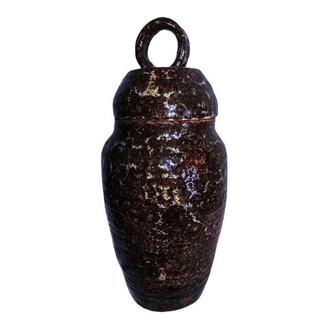 Mid-Century Ceramic Highly Textured Lidded Jar, Signed J T Brutalist / Fat Lava Style For Sale