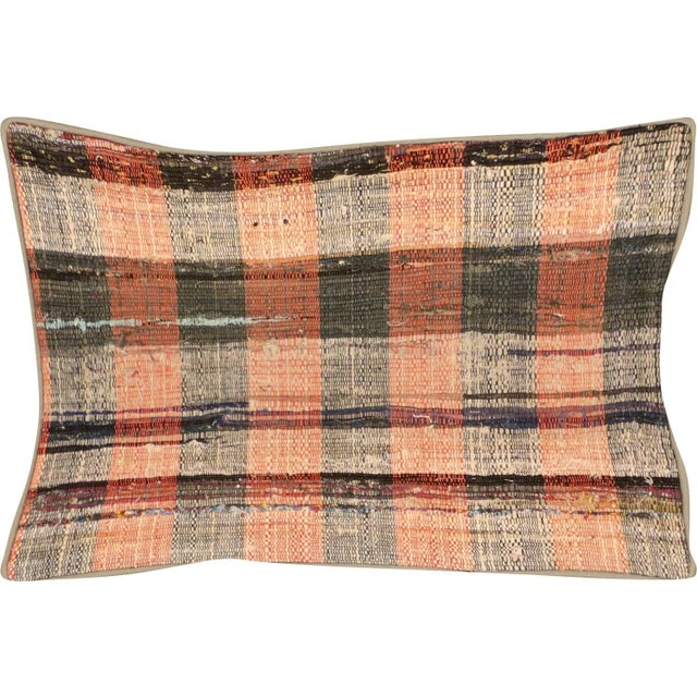 1960s Turkish Rag Pillow. Sewn with fragments of vintage hand made Anatolian cotton & linen kilims. Fiber fill. 523118