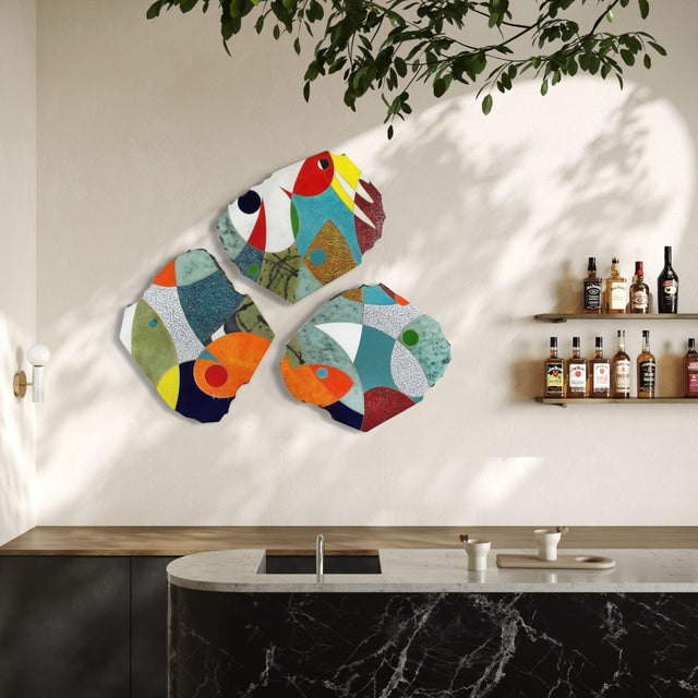 2020s "Delightful Day" by Michael Gustavson, Raku Ceramic Triptych Wall Sculpture, Vivid Teal Orange and Navy Glaze, Contemporary California Art For Sale - Image 5 of 7