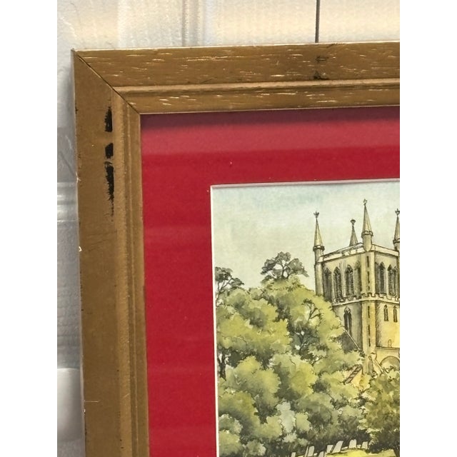 Vintage Framed Signed English Village Scene Pershore Abbey and Almonry For Sale - Image 4 of 7
