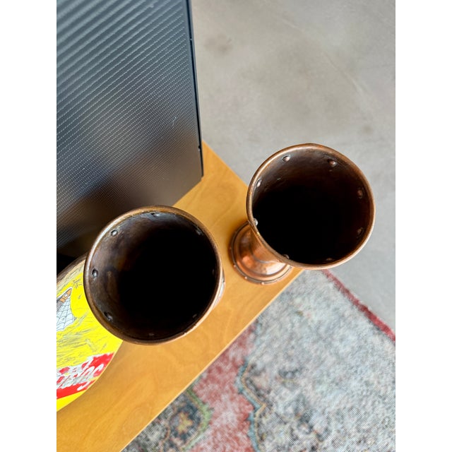 Metal Antique Arts & Crafts Riveted Copper Trumpet Vases Pair Joseph Heinrichs Benedict Art Studio Attr. For Sale - Image 7 of 14