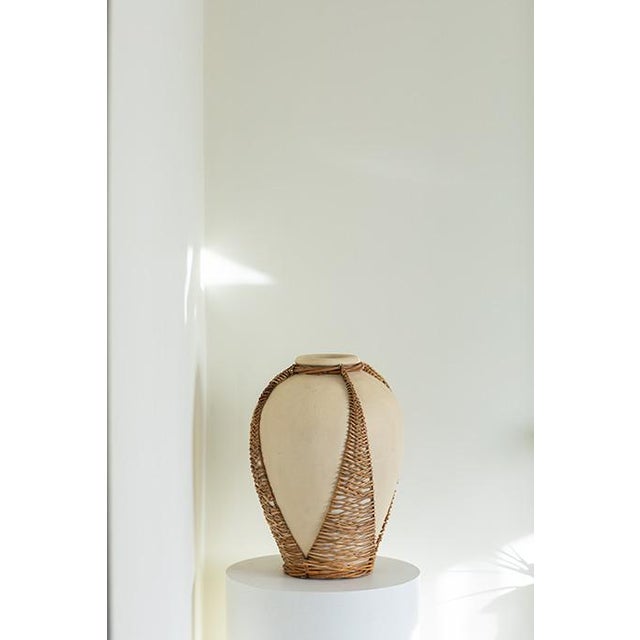 Large Vintage 1980s Rattan Wicker Wrapped Terracotta Pottery Vase For Sale - Image 4 of 13
