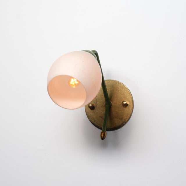 Gold Italian Wall Lamp in Brass, Green Lacquered Metal and Opaline Glass, 1950s For Sale - Image 8 of 9