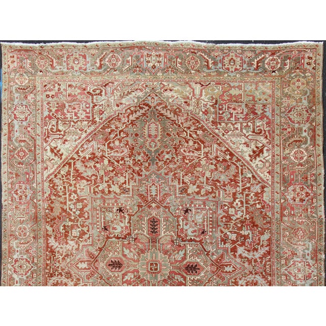 Tribal Gray Green, Taupe Border, Soft Red Heriz With Geometric Medallion 11'6 X 14'5 For Sale - Image 3 of 16