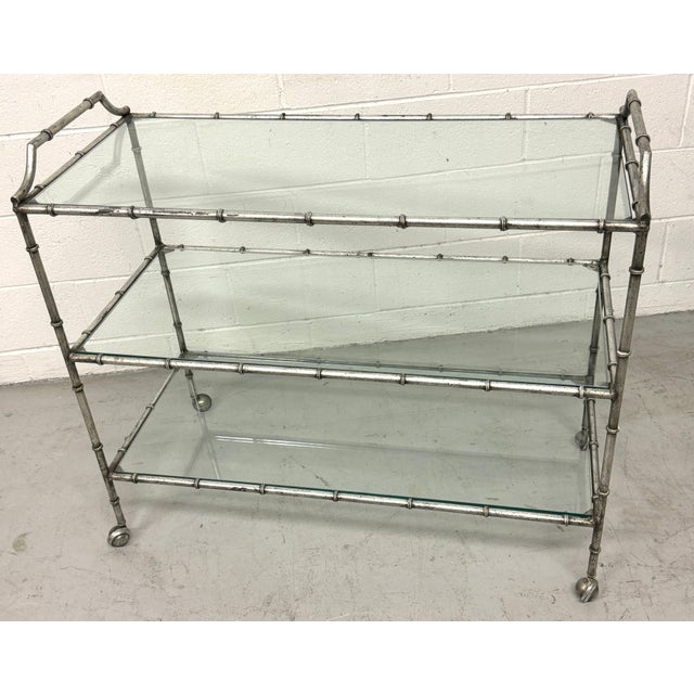 Modern Large 3-Tiered Maison Jansen Faux Bois Silver-Leaf Trolley/ Bar Cart For Sale - Image 3 of 18