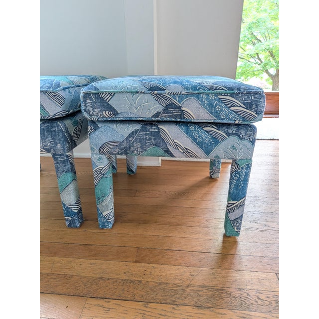 Lee Jofa Kelly Wearstler Edo Linen in Teal Parsons Ottomans - a Pair For Sale - Image 9 of 9