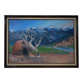 Johnny Yazzie 1985 Signed Original Oil — Large Pueblo & Horno Landscape For Sale