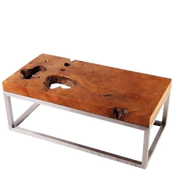 Rustic Solid Teak Top and Stainless Steel Base Coffee Table For Sale
