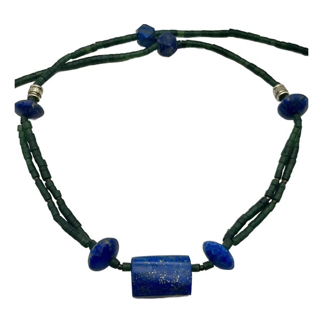 Lapis Lazuli Serpentine Tribal Gemstone Beaded Necklace Mid 20th Century For Sale