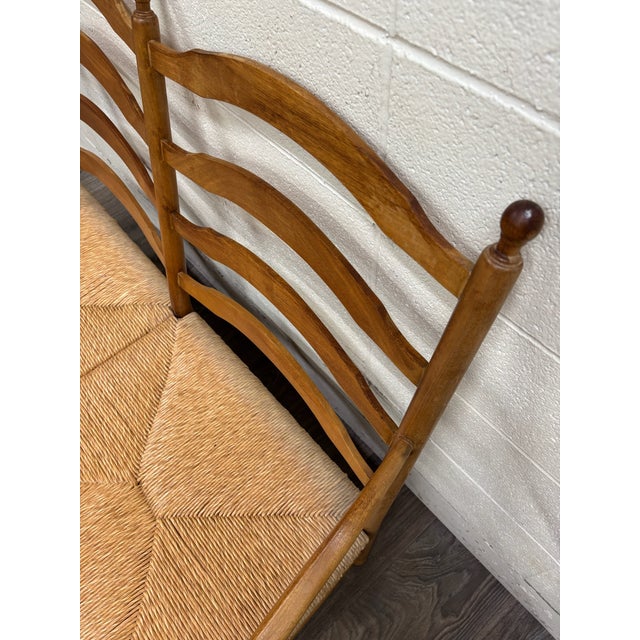 Vintage Country French Double Seat Ladder Back Rush Seat Bench Loveseat Settee For Sale - Image 9 of 16