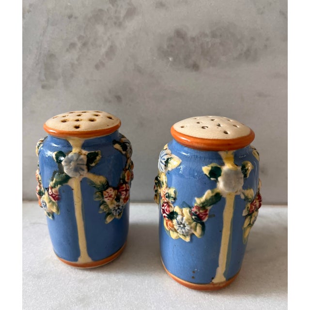 Shabby Chic Vintage Blue Floral Ceramic Salt & Pepper Shakers For Sale - Image 3 of 8